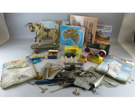 Lines Bros. wooden model train, Pedigree Prams wooden model steam roller, tin plate tipper truck and other toys including a s