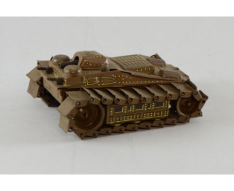 Japanese tin plate clockwork tank by ET Co., in brown with painted coloured detail, 12.5cm long, Some light play wear. Lacks 