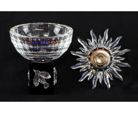 Swarovski cut glass bowl on black mirrored stand set with four mirrored birds and coloured crystals, no. WA 215555 and Solari