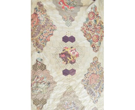 19th century patchwork  quilt probably American, design of fabrics printed with flowers and birds, 239cm x 264cm, Much wear/t