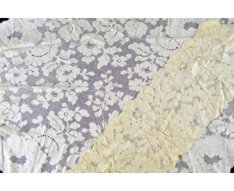 Cream silk lace shawl and headress c 1900, triangular shawl with large scale floral pattern  