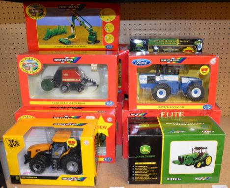 Collection of unopened box tractors to include Britains JCB 7230 tractor and John Deere Forage Harvester (12) 1.32 scale Mint