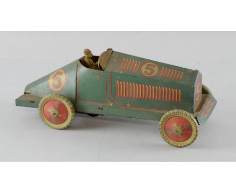 English tin plate clockwork model racing car, the blue body with painted detail, 28cm long, Play worn. Scratches. Mechanism n