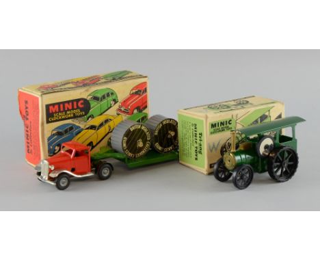 Tri-ang Minic clockwork toys, Mechanical Horse & Cable Trailer, and a green painted Traction Engine with key, both boxed Both