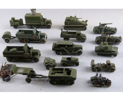 Collection of mostly Britain's model army vehicles and accessories including search light on mobile platform, 19cm long, staf