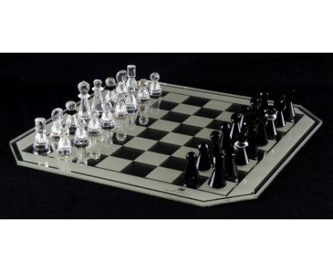 Swarovski crystal chess set of clear and black crystal on a glass board, with case, no.155753, 