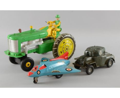 British made push and go Jet plane, Minic Toys plastic body tank and a large green tractor with driver, plastic body, all unb