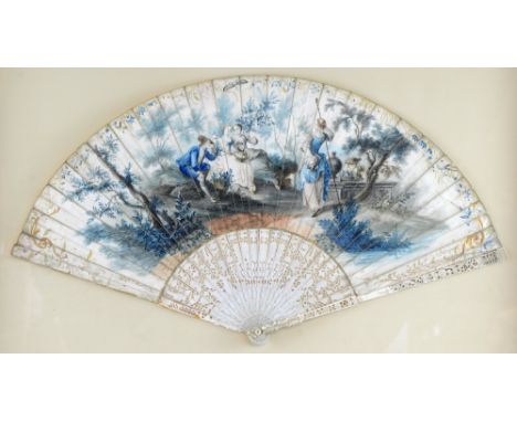 Hand painted  fan with a scene of figures in 18th century costume in a garden setting, the sticks of finely carved bone, pier