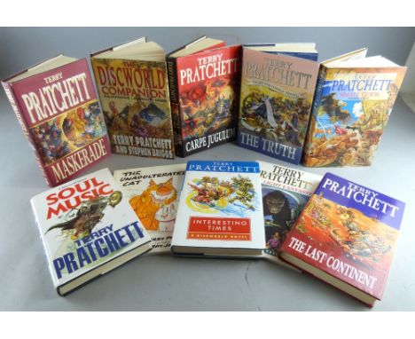 Eight Terry Pratchett novels, all hardbacks and with dustwrappers, together with two other Pratchett novels to include The Li