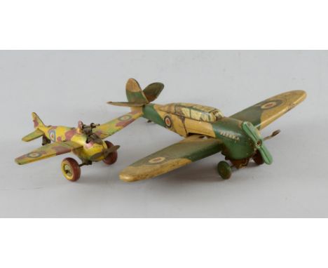 English tin plate clockwork model aircraft, 21.5cm long, and a similar foreign model, 12.5cm long, 
