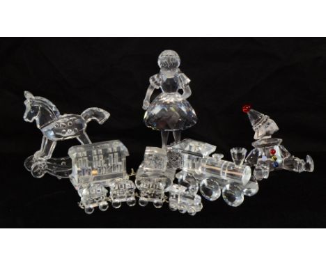 Swarovski crystal glass train set, large and small, rocking horse, clown, young child (10 pieces), small chip to corenr of tr