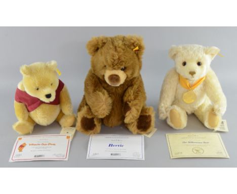 Three Steiff Teddy Bears, comprising Millenium Bear, 'Winnie The Pooh'  with Certificate No. 0257 and 'Bertie' with Certifica
