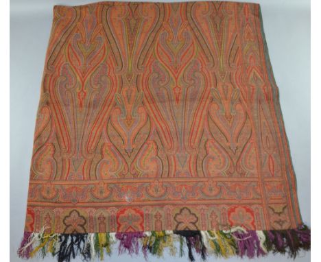 A Victorian double sided paisley shawl, with large scale design and arched border, with silk tassel, 182cm x 172cm,  