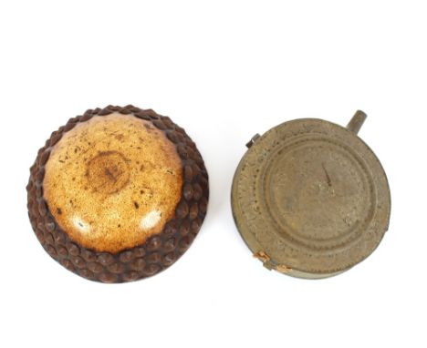 An unusual Continental wooden and leather mounted bowl,&nbsp;with metal studded decoration, 21cm dia.; and an Eastern brass f