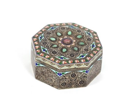 An Indian octagonal enamel silvered gilt and gem set box, circa 19th Century, 7.5cm
