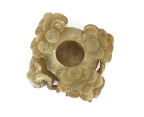 A jade flower encrusted Chinese brush washer, of shallow form, 12cm overall