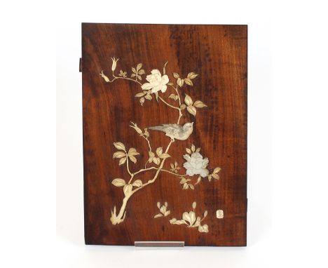 A 19th Century Japanese ebonised panel, with ivory applique decoration of exotic birds and foliage, 60cm x 35cm; and three Ja