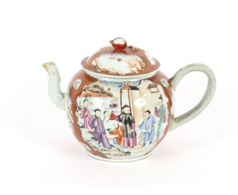 An 18th Century Chinese wine pot, in the form of a large teapot, decorated with figures and exotic scenes, the lid surmounted