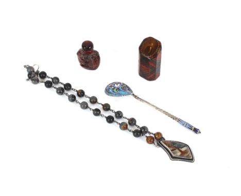 An amber snuff bottle, tartan box with portrait of John Burns; Russian cloisonne spoon and a white metal and stone set neckla
