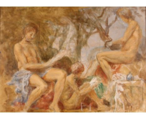 Follower of Henry Scott Tuke, study of naked male figures, unsigned oil on board, (portrait of a lady on the reverse), 37cm x