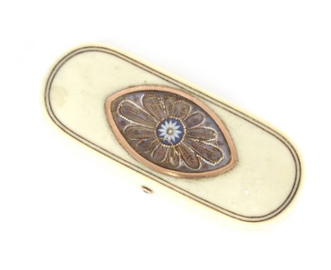 A late 18th Century ivory and yellow metal banded toothpick case, the lid inset with a Jasper type central floral motif, with