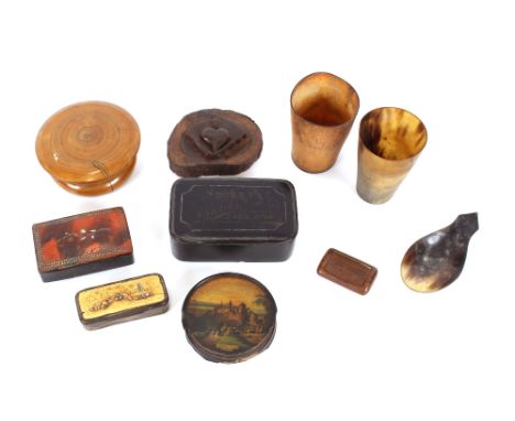A Victorian ebonised tobacco box, advertising "Eagle Brand"; various other snuff and tobacco boxes; two horn beakers and a la