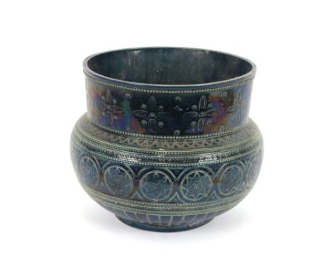 A Linthorpe type Art pottery jardiniere, blue ground with stylised foliate decoration, 28cm dia. x 26cm high, AF