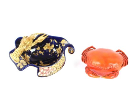 A Continental pottery pot and cover, in the form of a crab, of bright orange colour, 11cm; and a Zsolnay pecs type dish with 