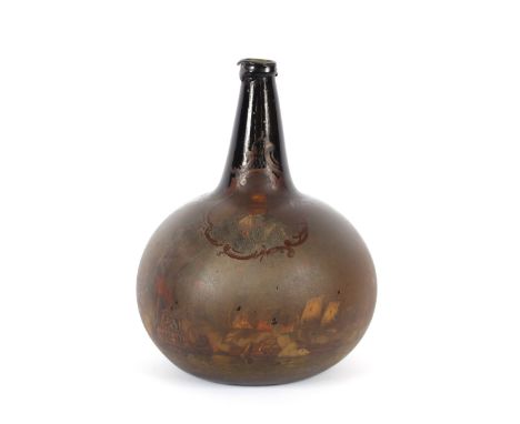 An 18th Century glass bottle, of large size, decorated with a Naval engagement and portrait vignette, 33cm high