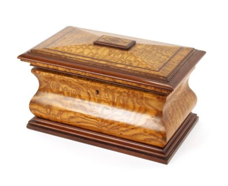 A 19th Century pollard oak and rosewood sarcophagus shaped tea caddy, 41cm wide, AF