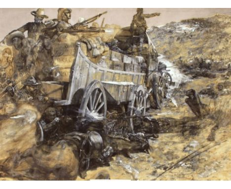R. Caton Woodville, 1856-1929, study of a Zulu war period attack on a wagon train, signed watercolour, 30cm x 44cm, faint ins