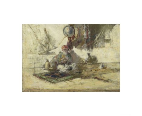 Ecole française, XIXe siècleLe marchand assis porte une signature 'H. Duvieux' (en bas à gauche)huile sur panneaubears a sign