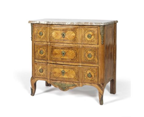 Commode en placage de bois de rose et bois de violette par Jean-François Leleu d'époque Transition Louis XV-Louis XVIDe forme