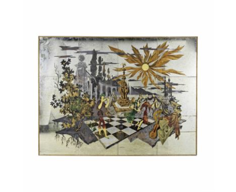 Attribué à Max Ingrand (1908-1969)La danse au son de la flûte de paon dans un décor surréalisteGrand panneau composé de douze