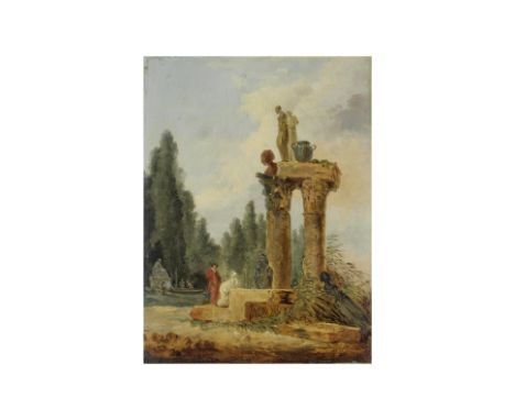 Suiveur de Hubert Robert (Paris 1733-1808)Promeneurs devant des ruines antiques huile sur panneauoil on panel33 x 24.5cm (13 