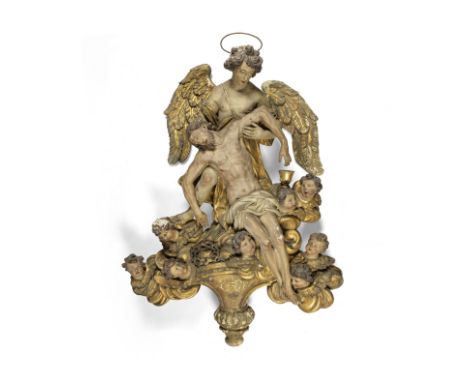 Élément architectural en bois peint polychrome et doré représentant le Sauveur mort soutenu par un AngeItalie, d'après Bartho
