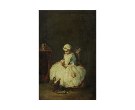 Suiveur de Jean-Baptiste Chardin (Paris 1699-1779)La petite fille aux cerises huile sur panneauoil on panel33.5 x 22.5cm (13 