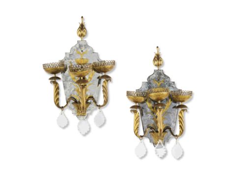 Gilbert Poillerat (1902-1988) et Max Ingrand (1908-1969)Paire d'appliques en verre peint à trois bras de lumière en fer forgé