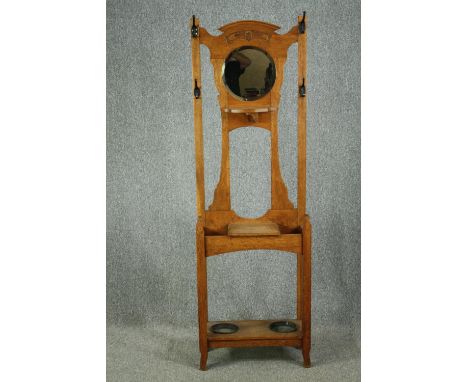 Hallstand, late 19th century light oak carved with Art Nouveau motif. H.190 W.61 D.25cm. 