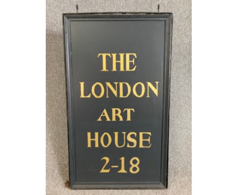 A vintage heavy iron framed hanging sign with sign written panel. H.118 W.69cm 