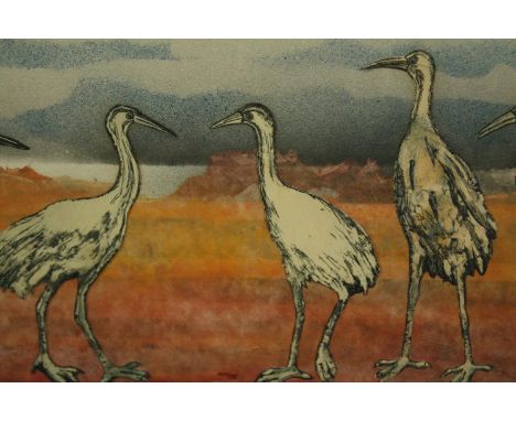 Collage on print, cranes in a landscape, framed and glazed. H.41 W.92cm. 