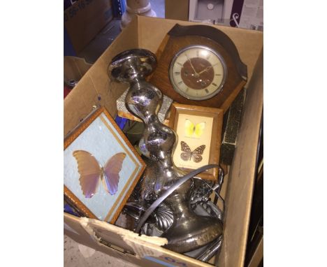 A box of misc to include EPNS, butterfly in case, mantel clock, etc. 