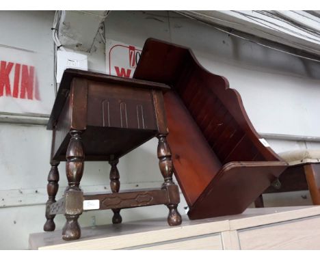 A pine wall shelf and a sewing box and contents 