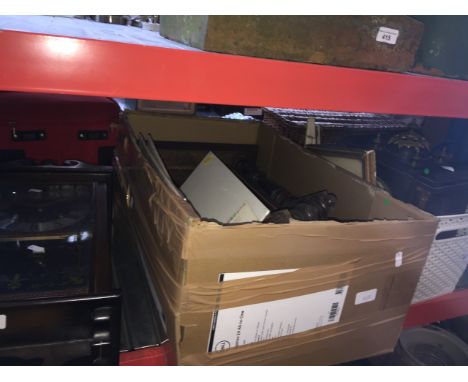 2 boxes containing a wooden wall clock ( spares or repairs ), another wall clock, a marble mantel clock, a watercolour of a s