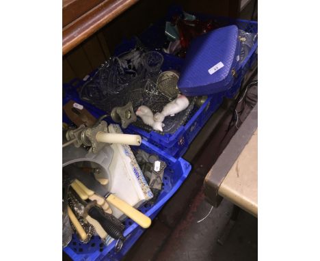 3 boxes of misc metalware, glassware, cutlery, metal candlestick holder, etc. 