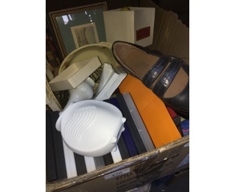 A box of various items including pictures, perfume, DVDs, etc. and a ceramic jardiniere stand 