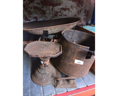 Large weighing scales and metal cooking pot 