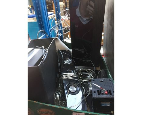 A Samsung surround sound system, a record player, a shredder and an indoor tv arial. 