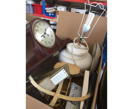 A box of misc to include a Connard &amp; Son mantel clock with pendulum and key, weighing scales ( no weights ), a ceramic la
