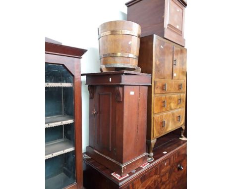 A 19th century commode cabinet and pot cupboard - as found, together with a copper bound barrel style planter 